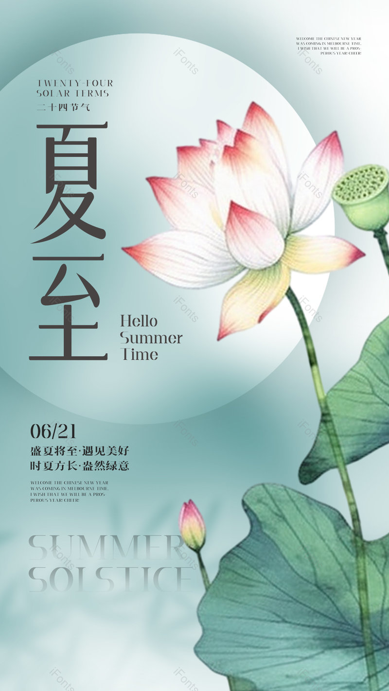 卡通手绘莲花工笔话插画夏至节气中国风海报,设计模板,设计模板大全,设计模板下载